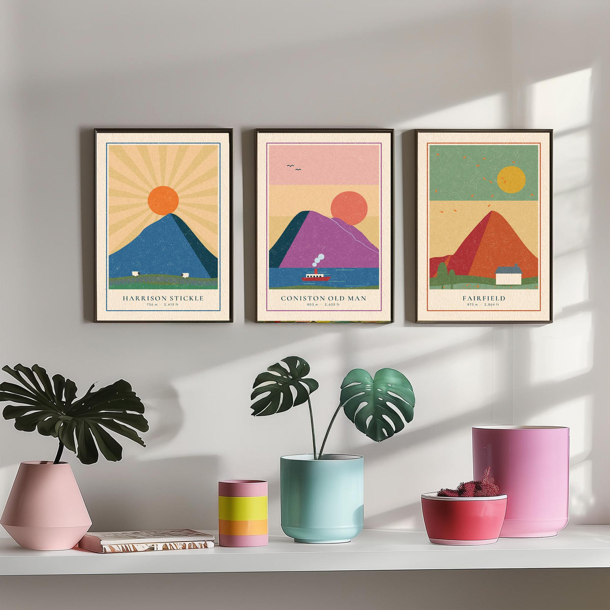 Lakeland Fells Set of Three Art Prints - Harrison Stickle, Coniston Old Man, Fairfield - Linocut Style Poster Illustration V2