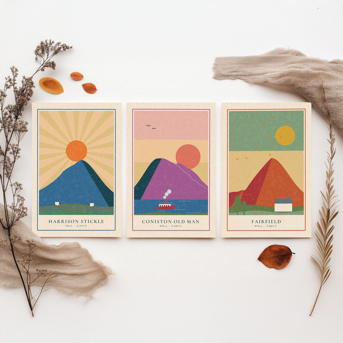 Lakeland Fells Set of Three Art Prints - Harrison Stickle, Coniston Old Man, Fairfield - Linocut Style Poster Illustration V2