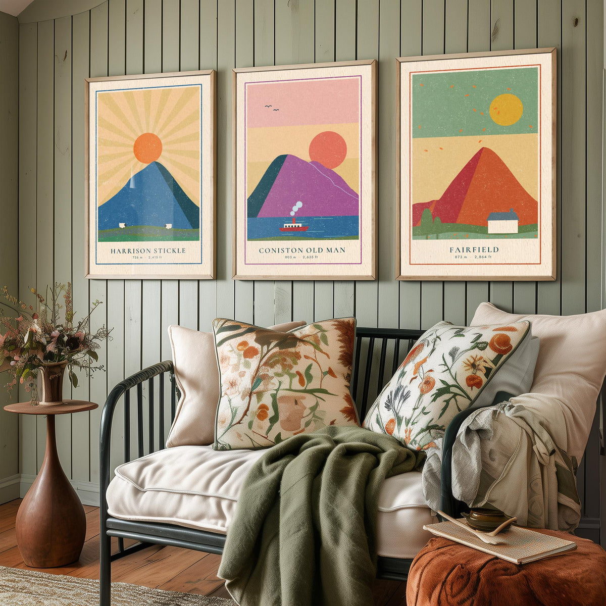 Lakeland Fells Set of Three Art Prints - Harrison Stickle, Coniston Old Man, Fairfield - Linocut Style Poster Illustration V2
