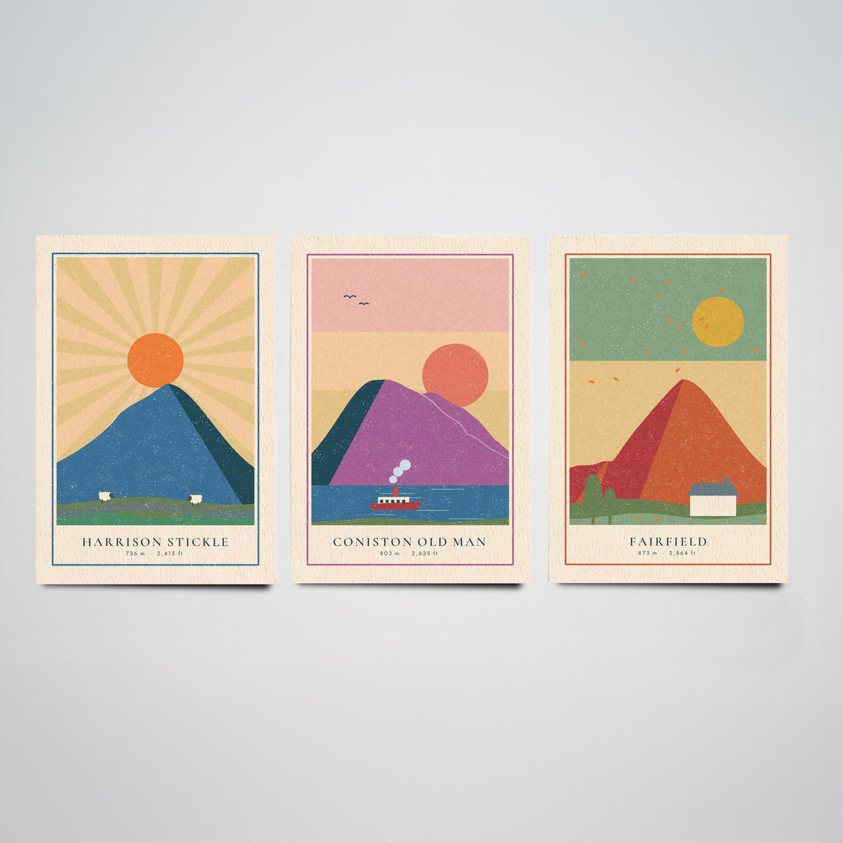 Lakeland Fells Set of Three Art Prints - Harrison Stickle, Coniston Old Man, Fairfield - Linocut Style Poster Illustration V2