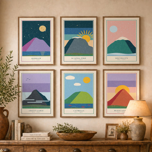 Set of Six Lake District Art Prints - 6 Linocut Illustration Posters - Skiddaw, Scafell Pike, Helvellyn, Great Gable, Catbells, Blencathra