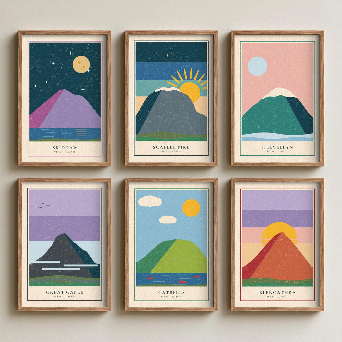 Set of Six Lake District Art Prints - 6 Linocut Illustration Posters - Skiddaw, Scafell Pike, Helvellyn, Great Gable, Catbells, Blencathra