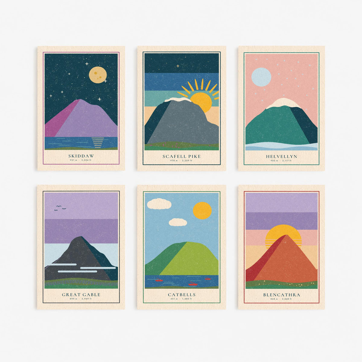 Set of Six Lake District Art Prints - 6 Linocut Illustration Posters - Skiddaw, Scafell Pike, Helvellyn, Great Gable, Catbells, Blencathra
