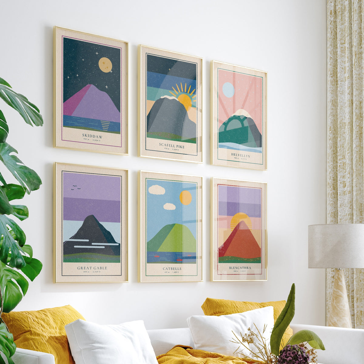 Set of Six Lake District Art Prints - 6 Linocut Illustration Posters - Skiddaw, Scafell Pike, Helvellyn, Great Gable, Catbells, Blencathra