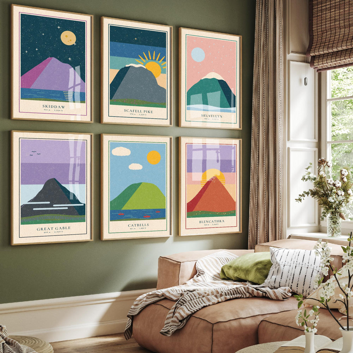 Set of Six Lake District Art Prints - 6 Linocut Illustration Posters - Skiddaw, Scafell Pike, Helvellyn, Great Gable, Catbells, Blencathra