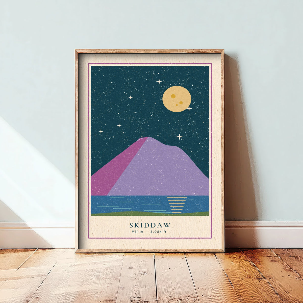 Skiddaw Art Print - Lake District Fell Under a Full Moon Poster - Linocut Style Mountain Illustration V1 1/3