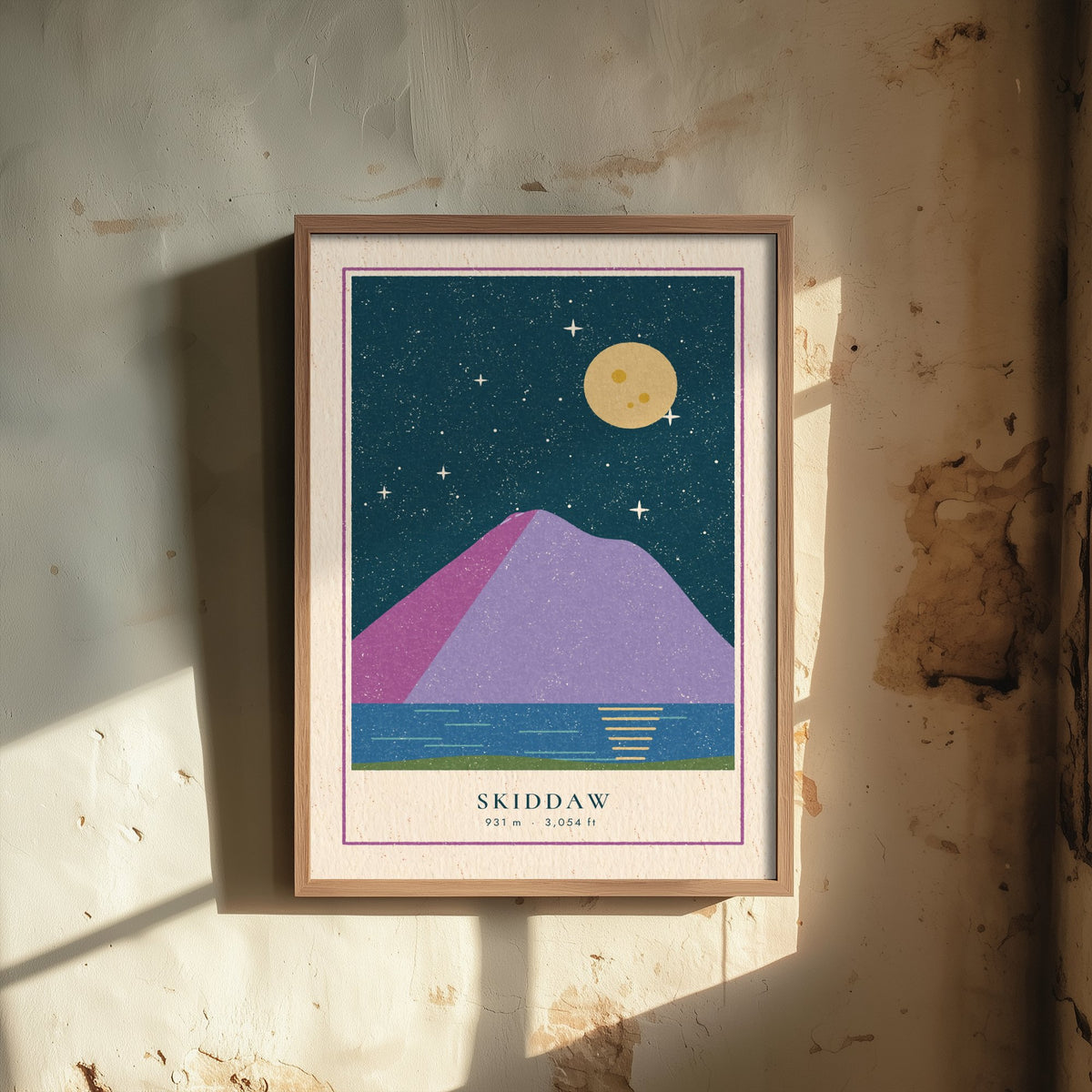 Skiddaw Art Print - Lake District Fell Under a Full Moon Poster - Linocut Style Mountain Illustration V1 1/3