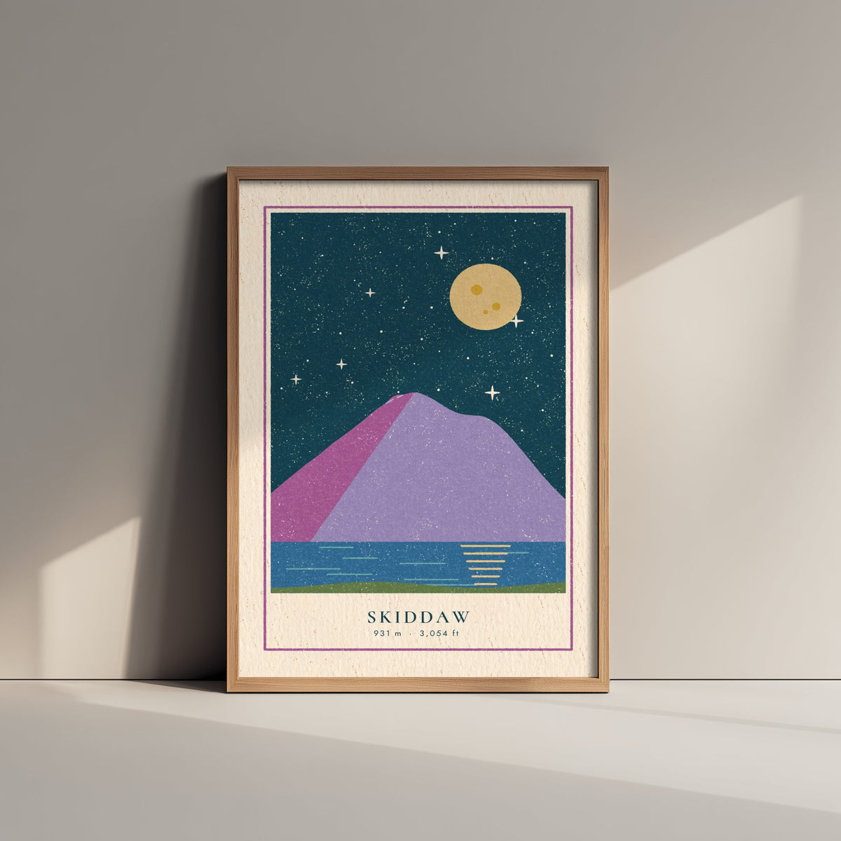 Skiddaw Art Print - Lake District Fell Under a Full Moon Poster - Linocut Style Mountain Illustration V1 1/3