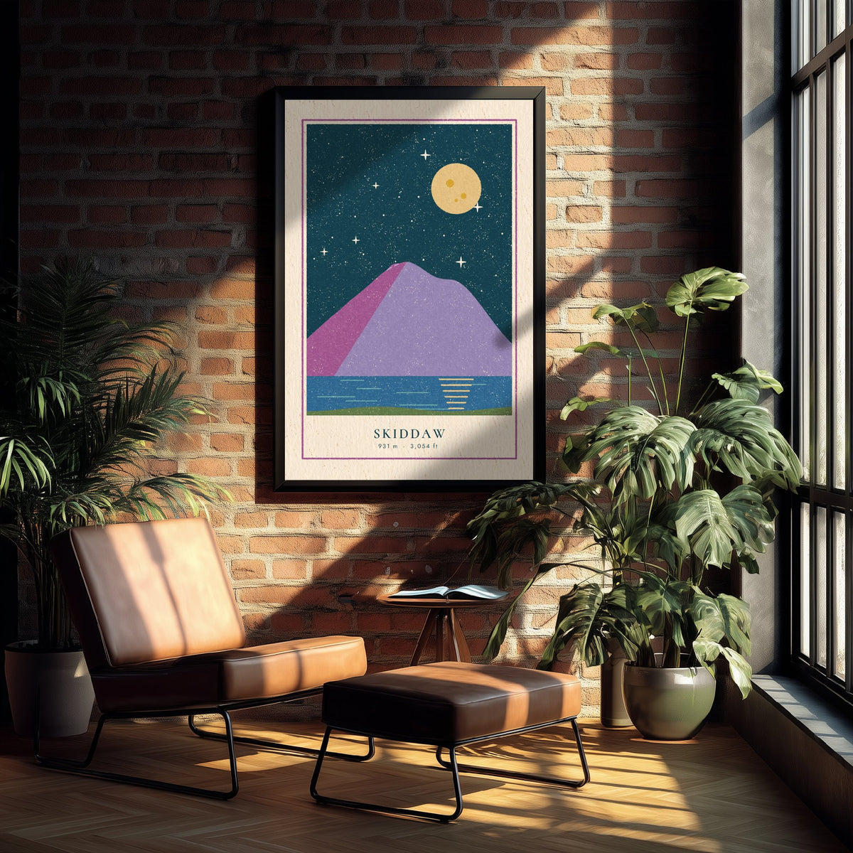 Skiddaw Art Print - Lake District Fell Under a Full Moon Poster - Linocut Style Mountain Illustration V1 1/3