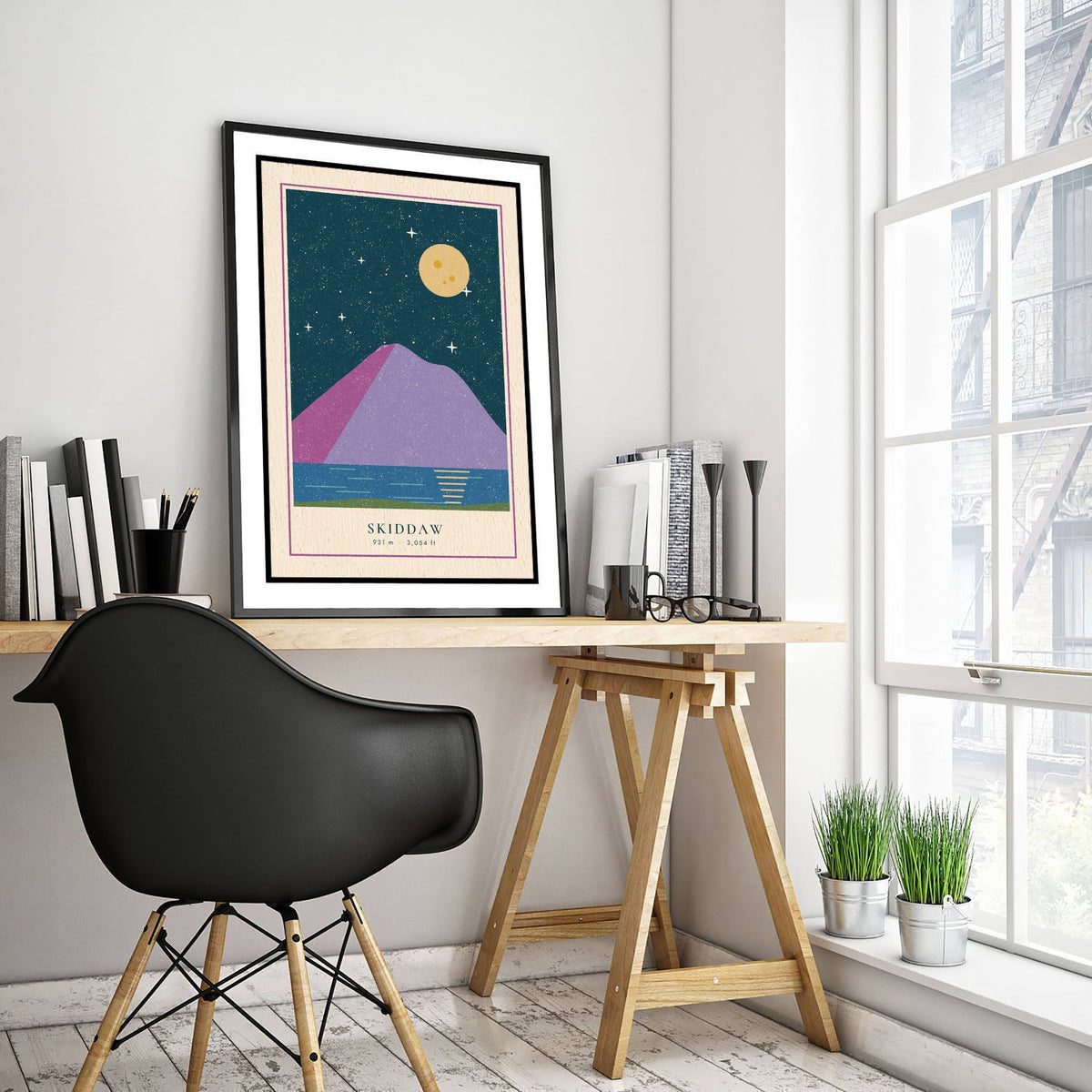 Skiddaw Art Print - Lake District Fell Under a Full Moon Poster - Linocut Style Mountain Illustration V1 1/3