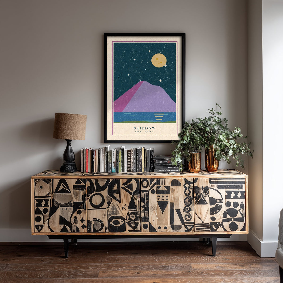 Skiddaw Art Print - Lake District Fell Under a Full Moon Poster - Linocut Style Mountain Illustration V1 1/3