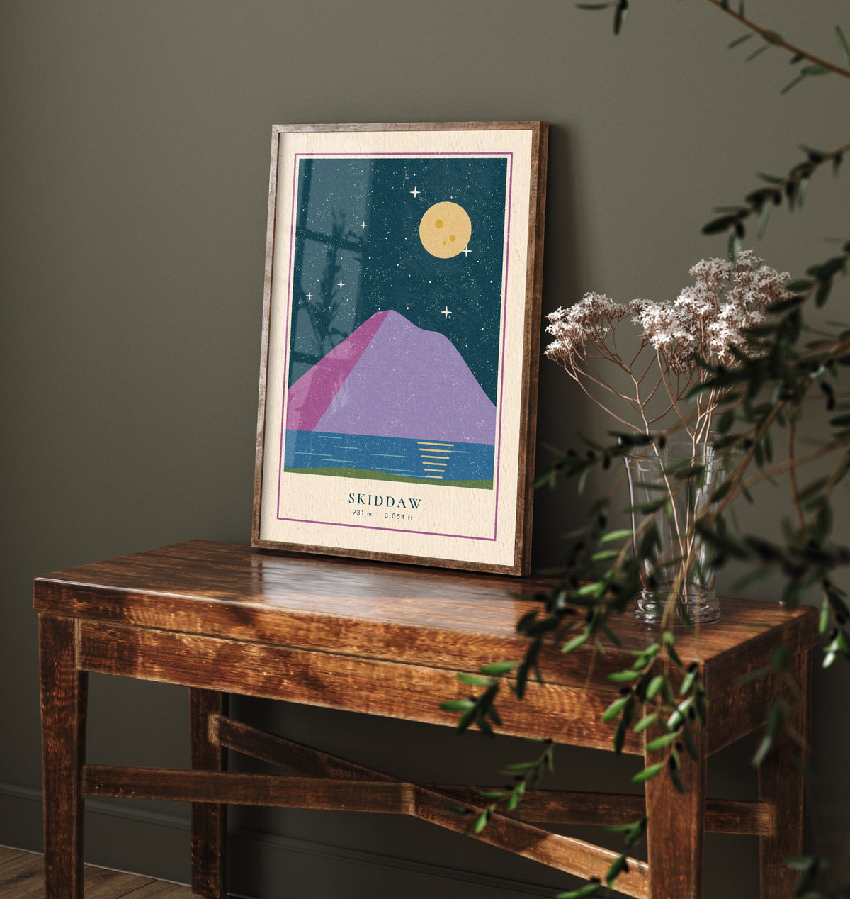 Skiddaw Art Print - Lake District Fell Under a Full Moon Poster - Linocut Style Mountain Illustration V1 1/3