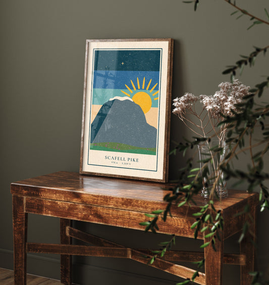 Scafell Pike Art Print - England's Highest Peak at Sunrise Poster - Retro Lakeland Linocut Style Illustration V1 2/3