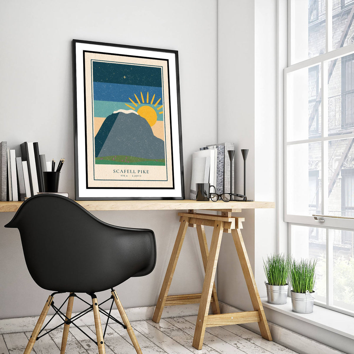 Scafell Pike Art Print - England's Highest Peak at Sunrise Poster - Retro Lakeland Linocut Style Illustration V1 2/3