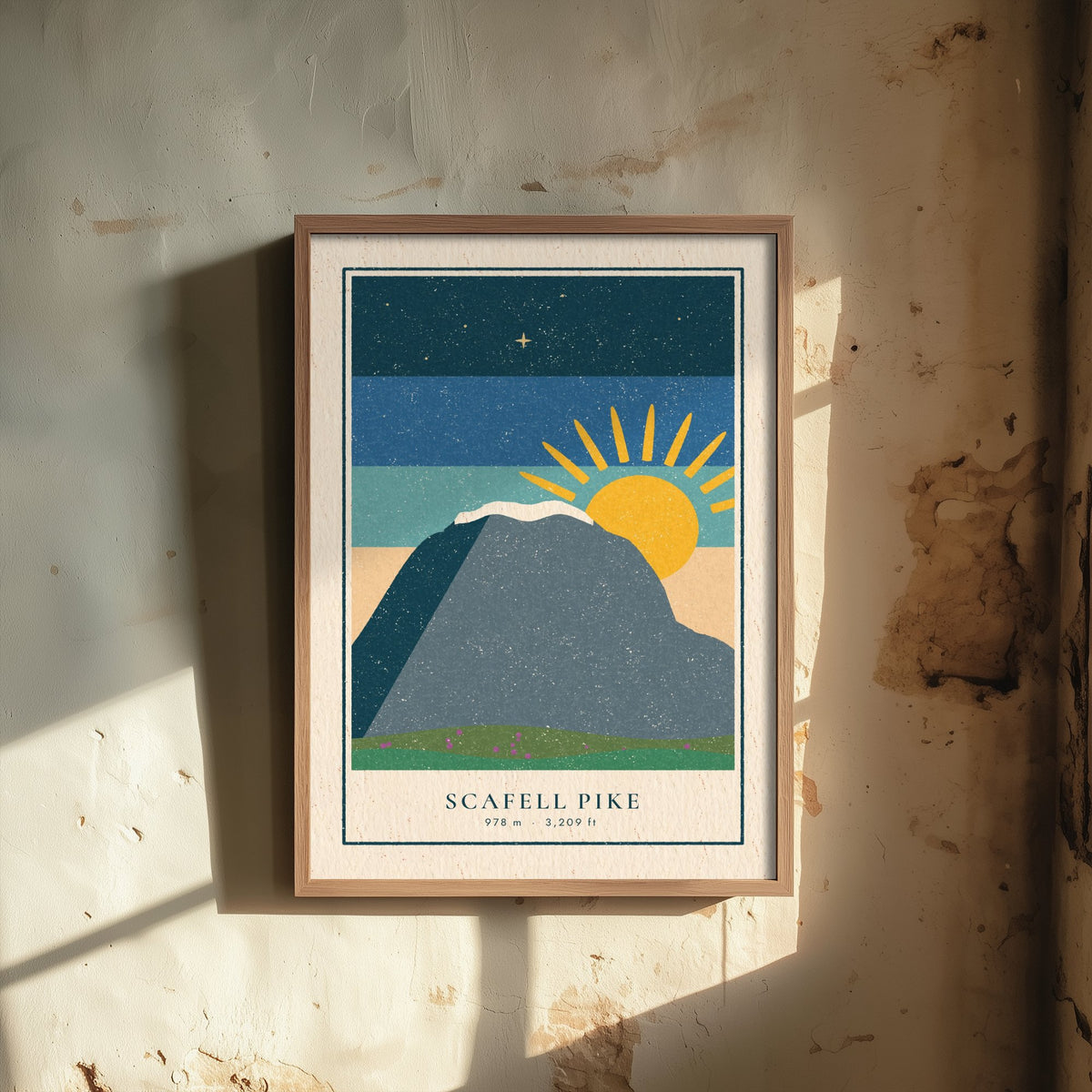 Scafell Pike Art Print - England's Highest Peak at Sunrise Poster - Retro Lakeland Linocut Style Illustration V1 2/3