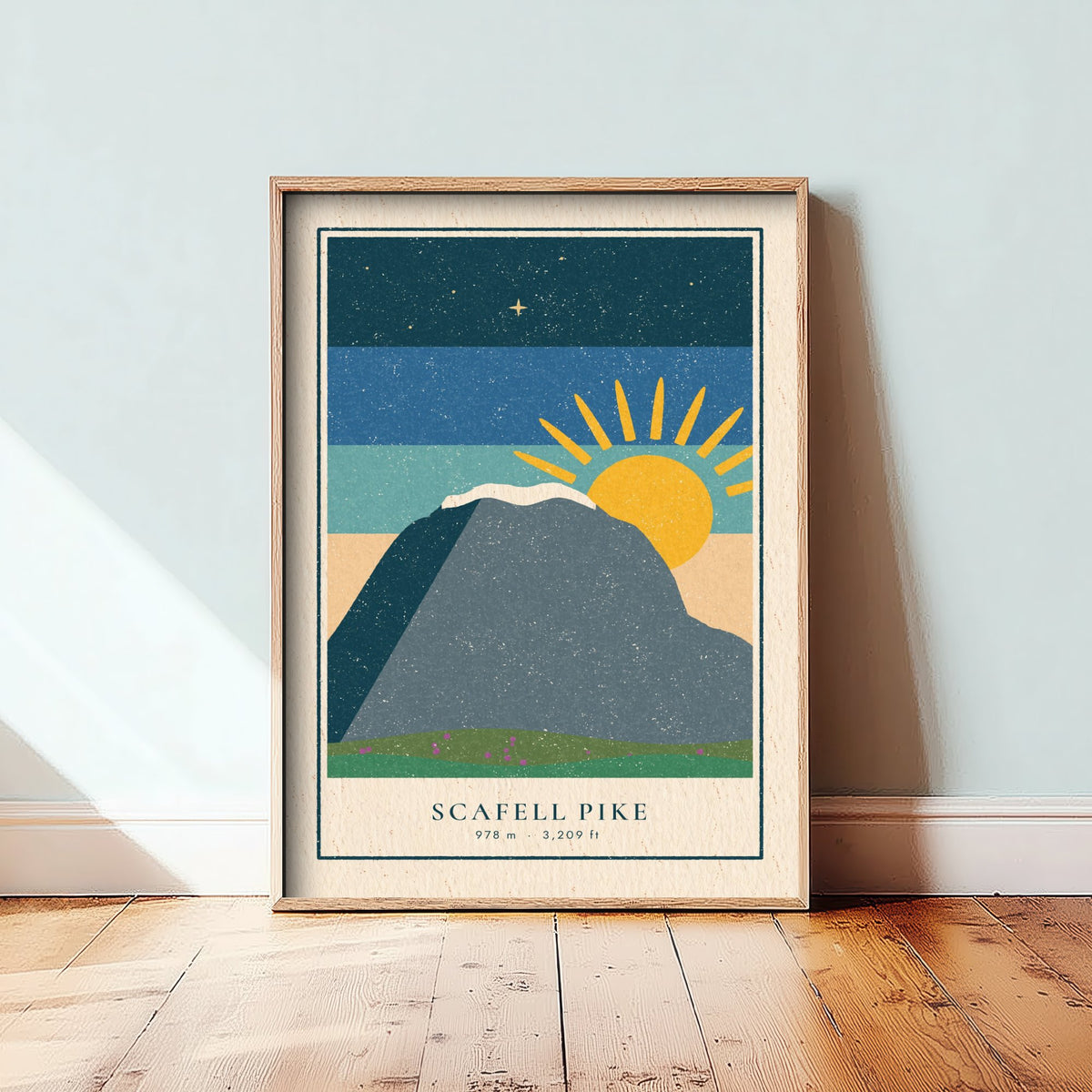 Scafell Pike Art Print - England's Highest Peak at Sunrise Poster - Retro Lakeland Linocut Style Illustration V1 2/3