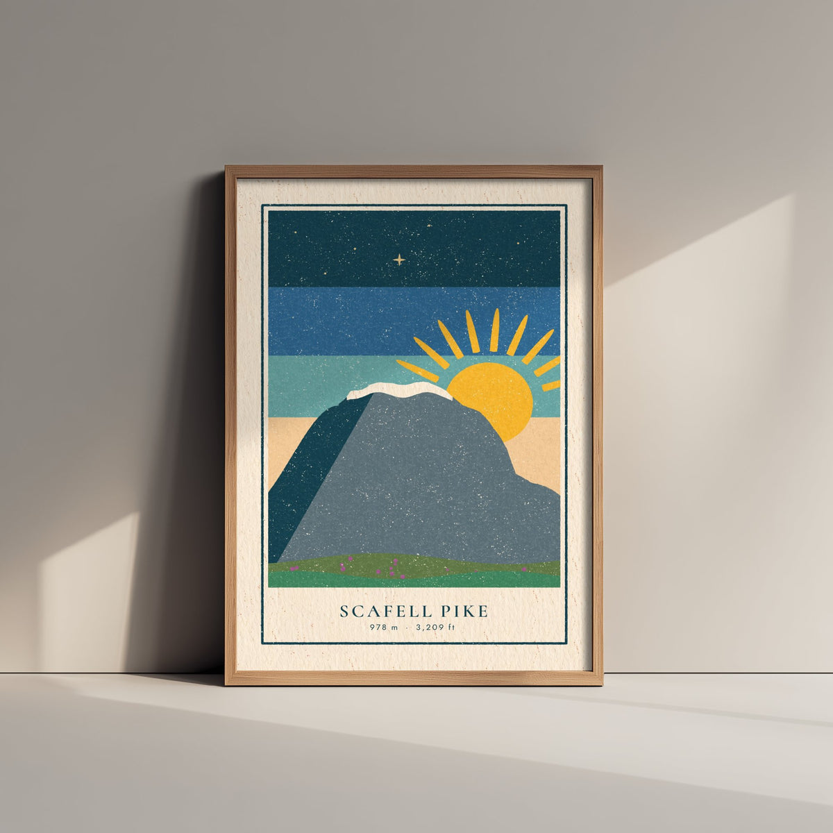 Scafell Pike Art Print - England's Highest Peak at Sunrise Poster - Retro Lakeland Linocut Style Illustration V1 2/3