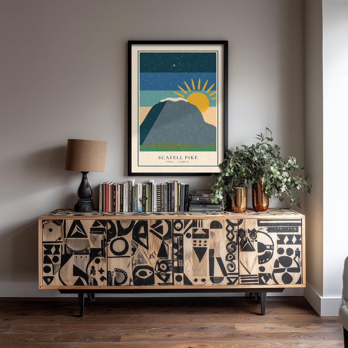 Scafell Pike Art Print - England's Highest Peak at Sunrise Poster - Retro Lakeland Linocut Style Illustration V1 2/3