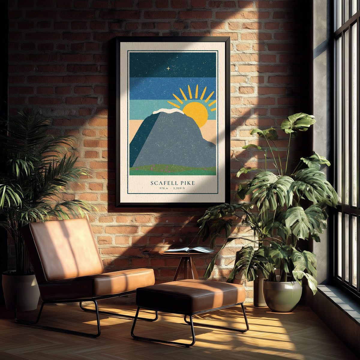 Scafell Pike Art Print - England's Highest Peak at Sunrise Poster - Retro Lakeland Linocut Style Illustration V1 2/3