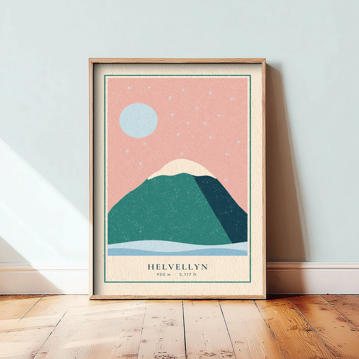 Helvellyn Winter Art Print - Snowy Lake District Summit Poster - Pink Sky Woodcut V1 3/3