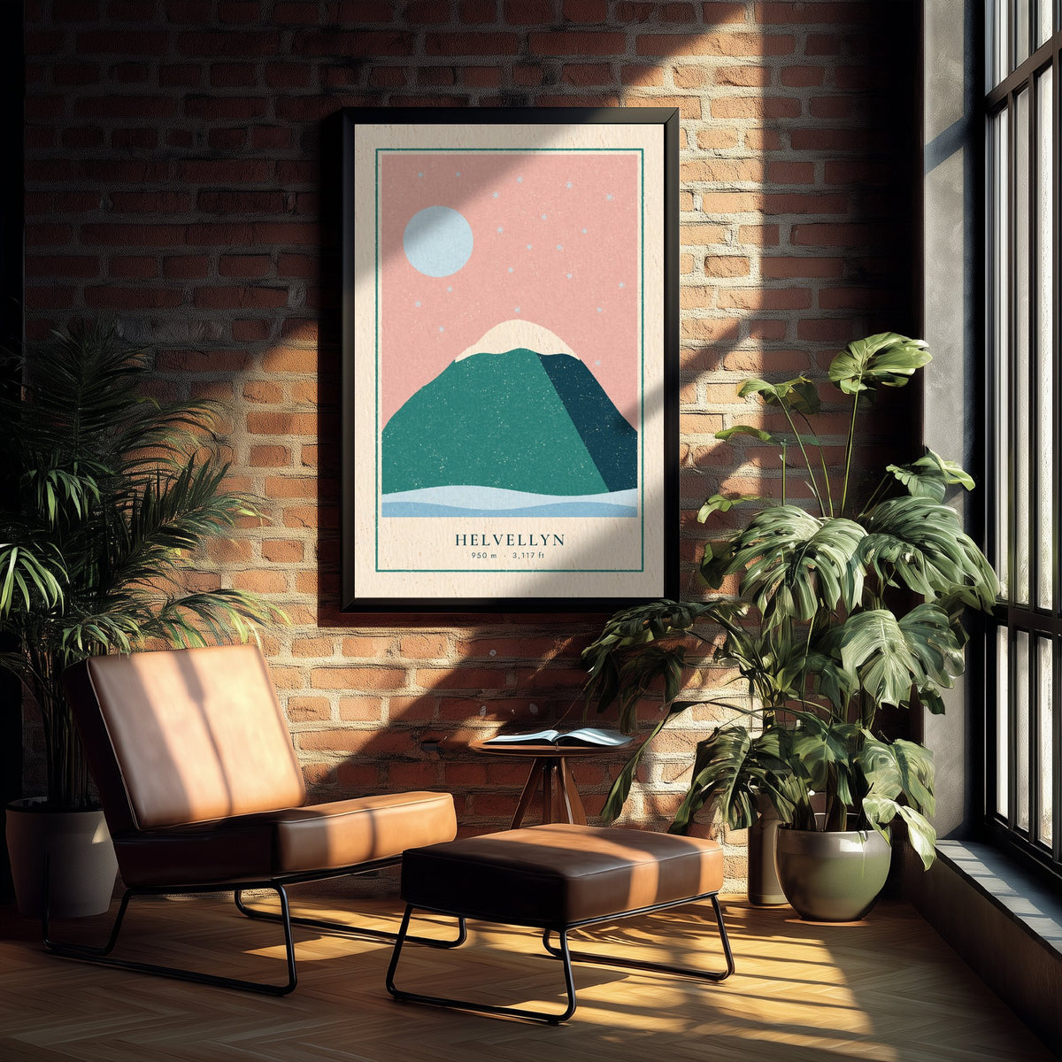 Helvellyn Winter Art Print - Snowy Lake District Summit Poster - Pink Sky Woodcut V1 3/3