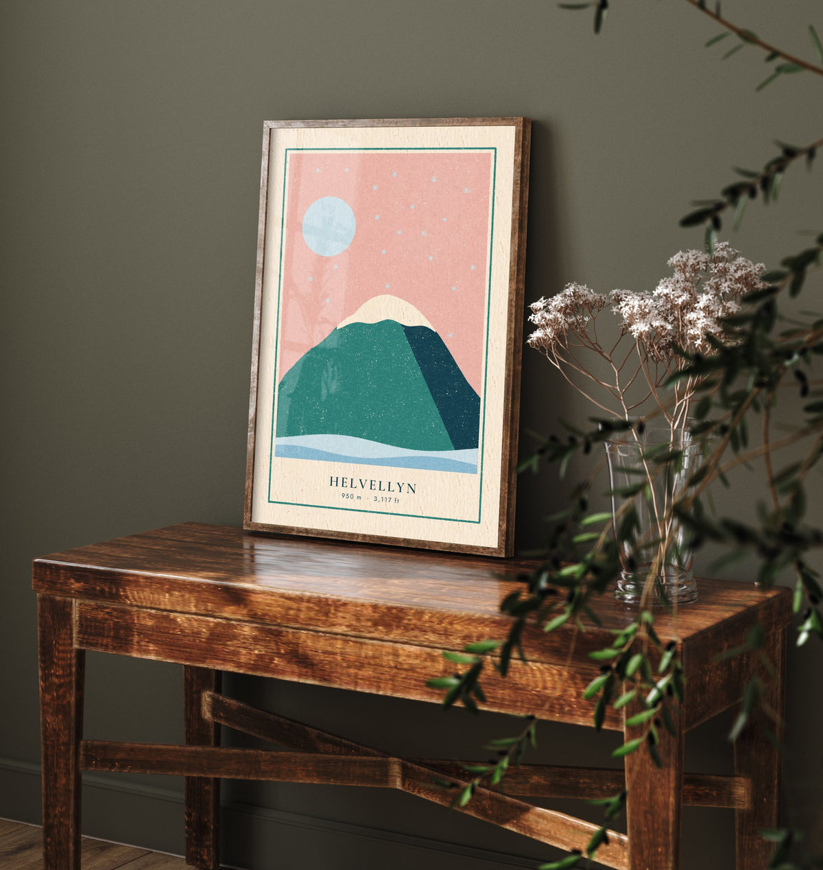 Helvellyn Winter Art Print - Snowy Lake District Summit Poster - Pink Sky Woodcut V1 3/3