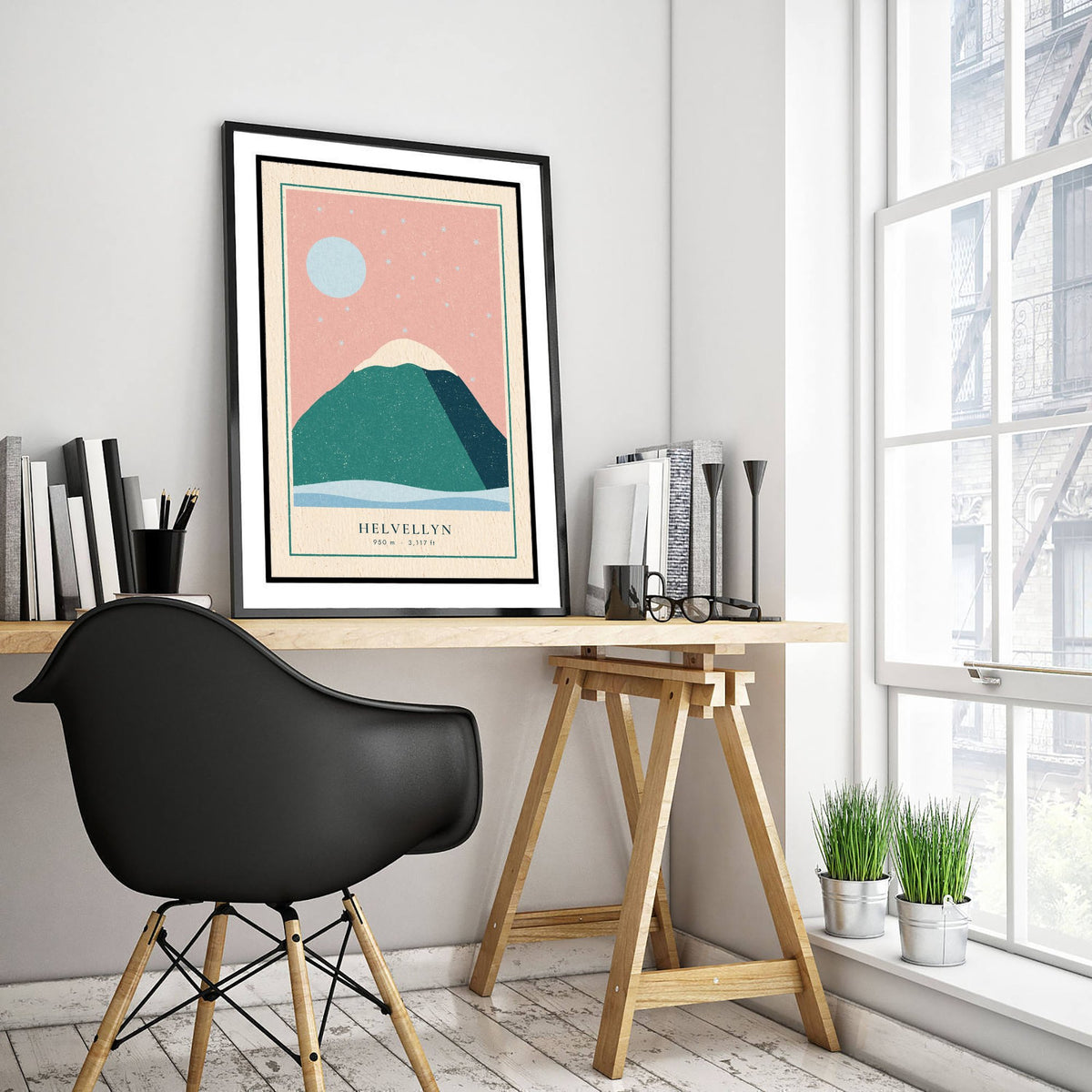 Helvellyn Winter Art Print - Snowy Lake District Summit Poster - Pink Sky Woodcut V1 3/3