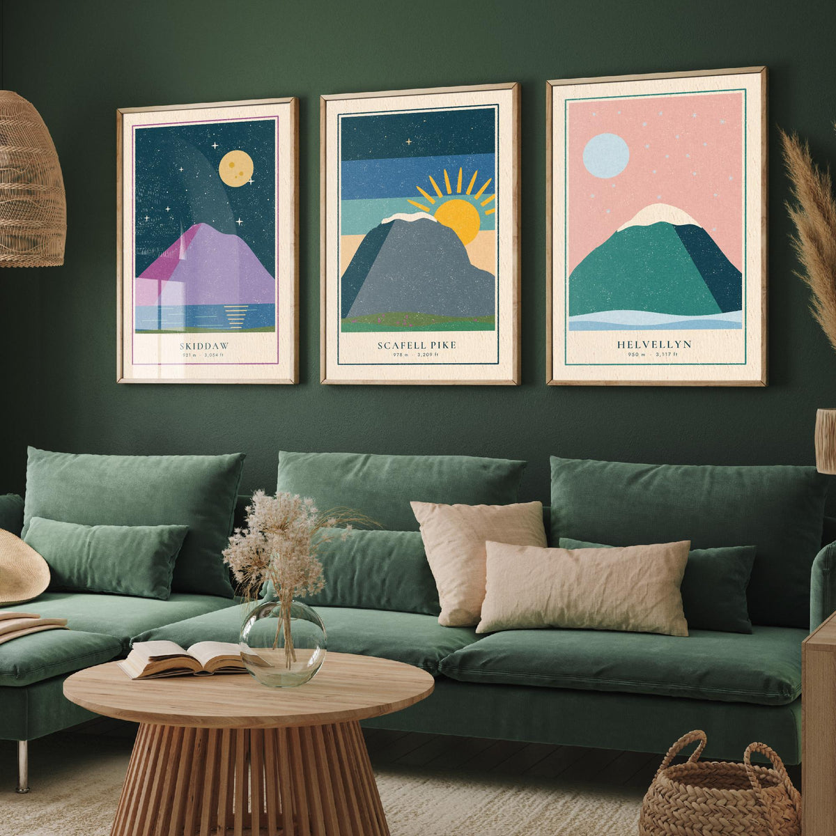 Lake District Peaks Set of Three Art Prints - Skiddaw, Scafell Pike, Helvellyn - Linocut Style Poster Illustration V1