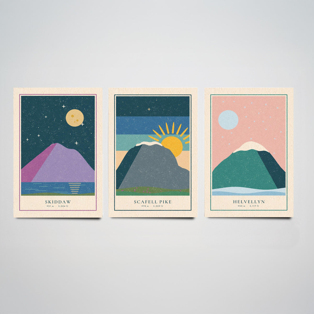 Lake District Peaks Set of Three Art Prints - Skiddaw, Scafell Pike, Helvellyn - Linocut Style Poster Illustration V1