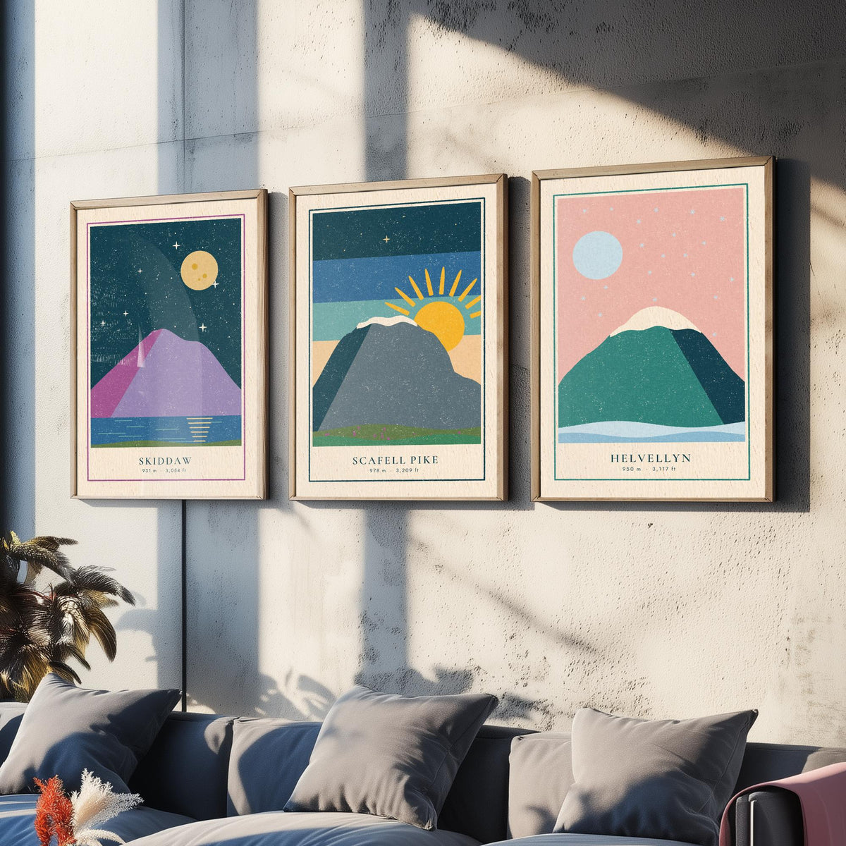 Lake District Peaks Set of Three Art Prints - Skiddaw, Scafell Pike, Helvellyn - Linocut Style Poster Illustration V1