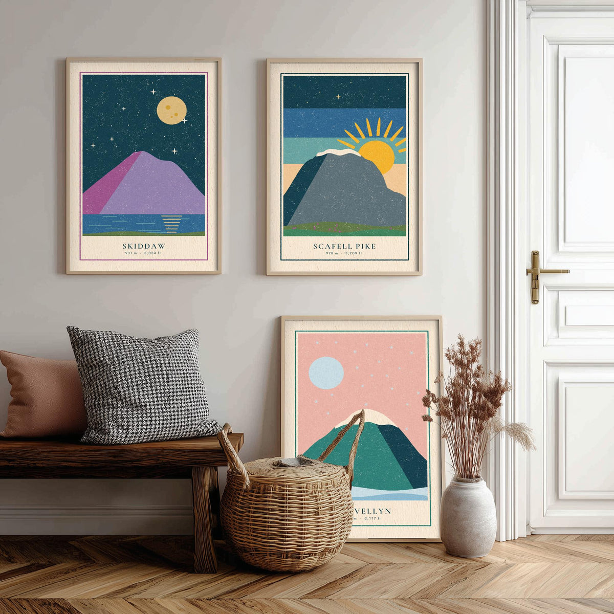 Lake District Peaks Set of Three Art Prints - Skiddaw, Scafell Pike, Helvellyn - Linocut Style Poster Illustration V1
