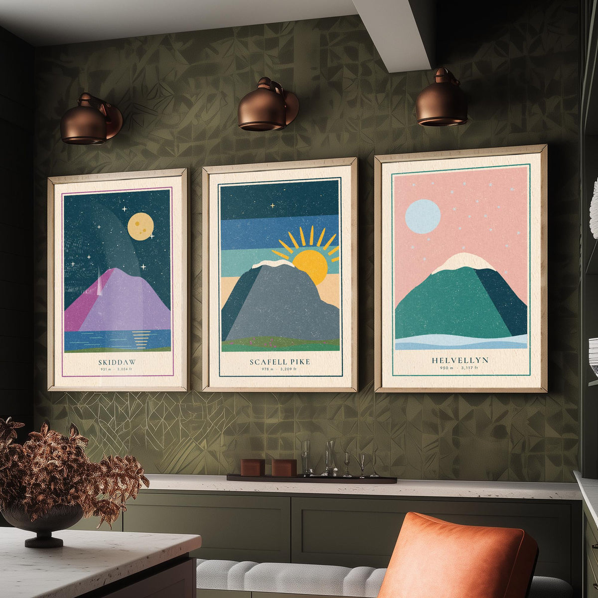 Lake District Peaks Set of Three Art Prints - Skiddaw, Scafell Pike, Helvellyn - Linocut Style Poster Illustration V1