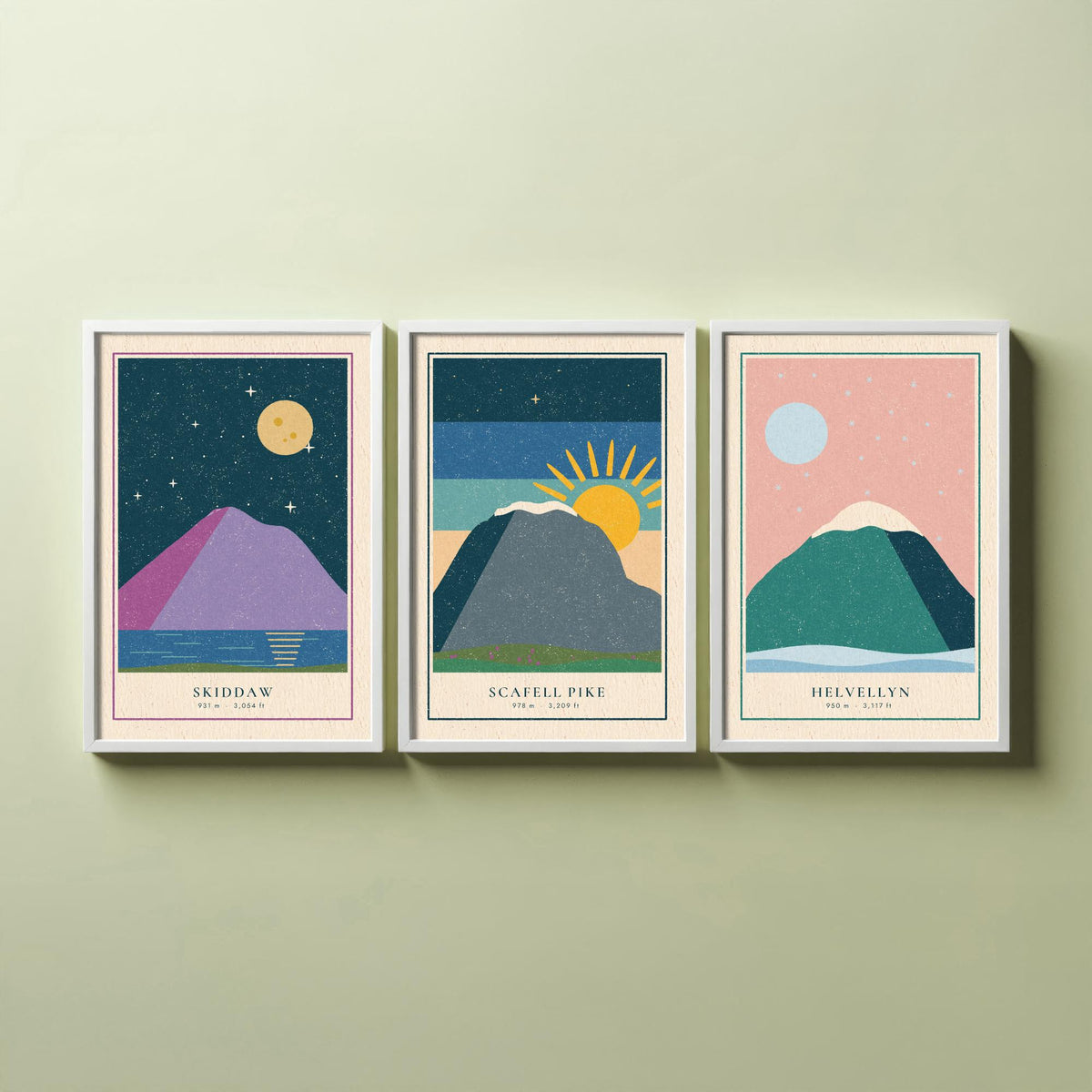 Lake District Peaks Set of Three Art Prints - Skiddaw, Scafell Pike, Helvellyn - Linocut Style Poster Illustration V1