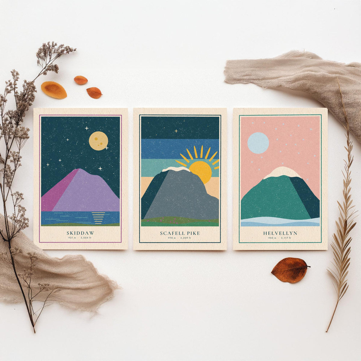 Lake District Peaks Set of Three Art Prints - Skiddaw, Scafell Pike, Helvellyn - Linocut Style Poster Illustration V1