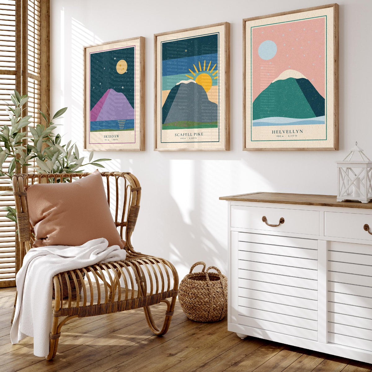 Lake District Peaks Set of Three Art Prints - Skiddaw, Scafell Pike, Helvellyn - Linocut Style Poster Illustration V1