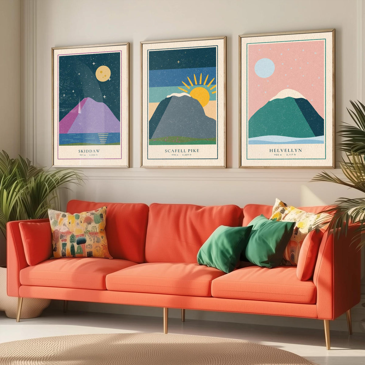 Lake District Peaks Set of Three Art Prints - Skiddaw, Scafell Pike, Helvellyn - Linocut Style Poster Illustration V1