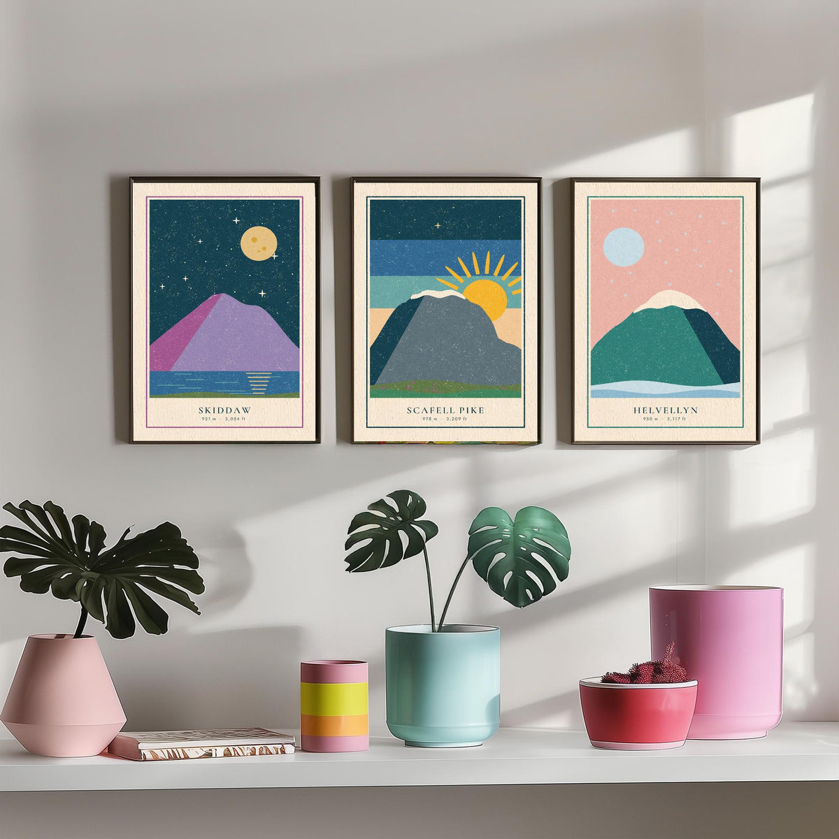 Lake District Peaks Set of Three Art Prints - Skiddaw, Scafell Pike, Helvellyn - Linocut Style Poster Illustration V1