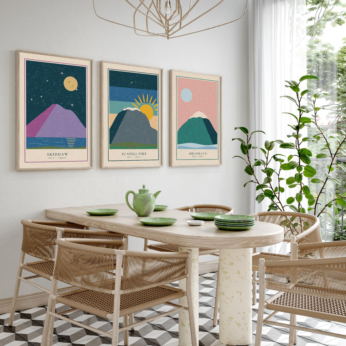 Lake District Peaks Set of Three Art Prints - Skiddaw, Scafell Pike, Helvellyn - Linocut Style Poster Illustration V1