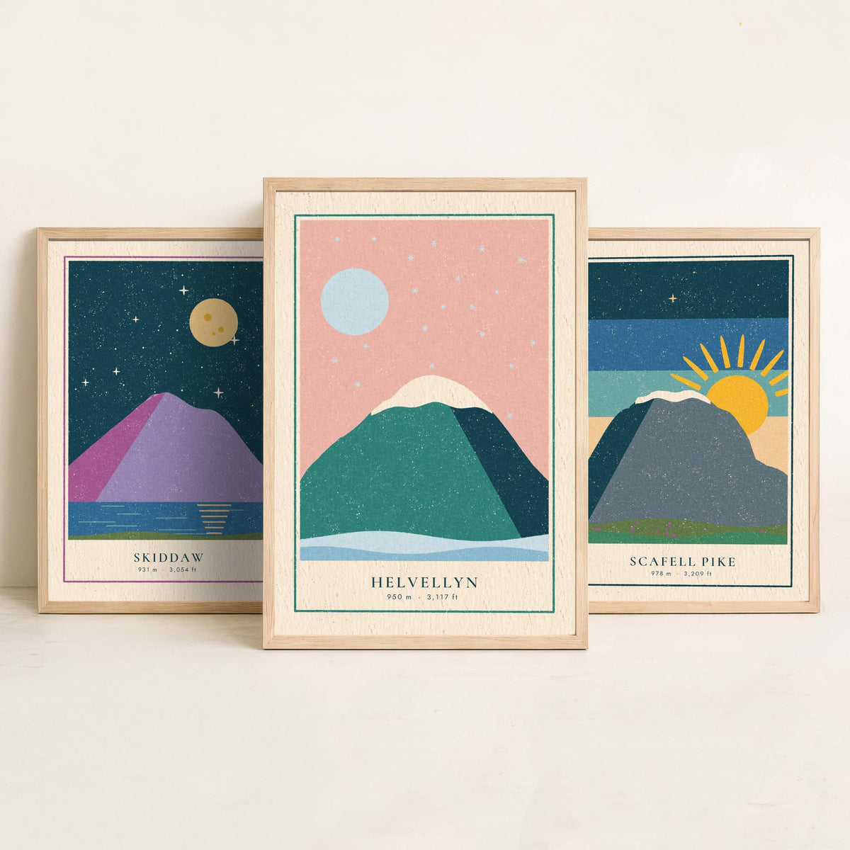 Lake District Peaks Set of Three Art Prints - Skiddaw, Scafell Pike, Helvellyn - Linocut Style Poster Illustration V1
