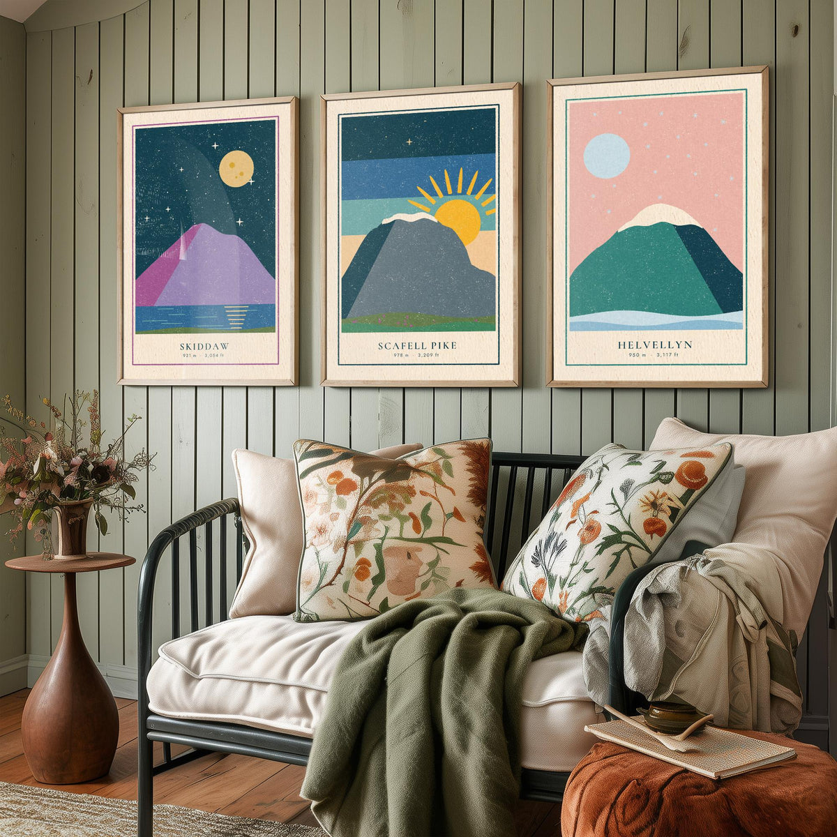 Lake District Peaks Set of Three Art Prints - Skiddaw, Scafell Pike, Helvellyn - Linocut Style Poster Illustration V1
