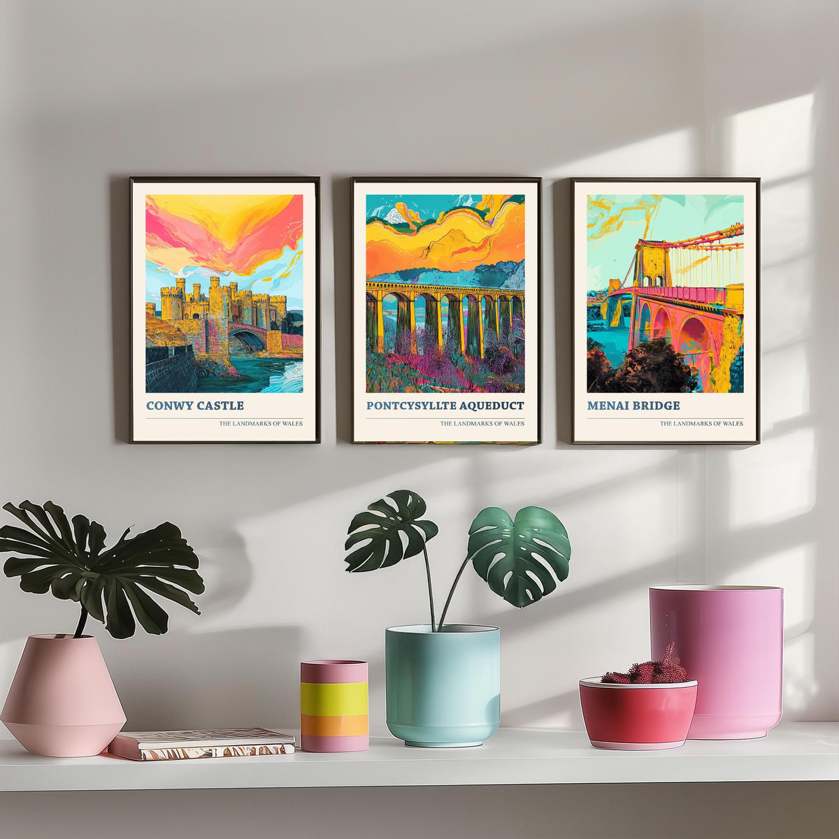 Landmarks of Wales Set of Three Prints - Conwy Castle Pontcysyllte Menai Bridge - 3 Vibrant Welsh Posters Wall Art Gift Illustration