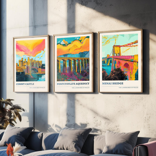 Landmarks of Wales Set of Three Prints - Conwy Castle Pontcysyllte Menai Bridge - 3 Vibrant Welsh Posters Wall Art Gift Illustration