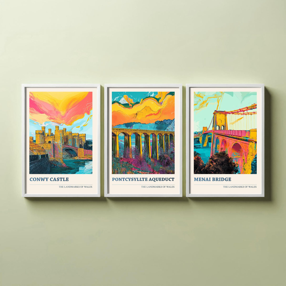 Landmarks of Wales Set of Three Prints - Conwy Castle Pontcysyllte Menai Bridge - 3 Vibrant Welsh Posters Wall Art Gift Illustration