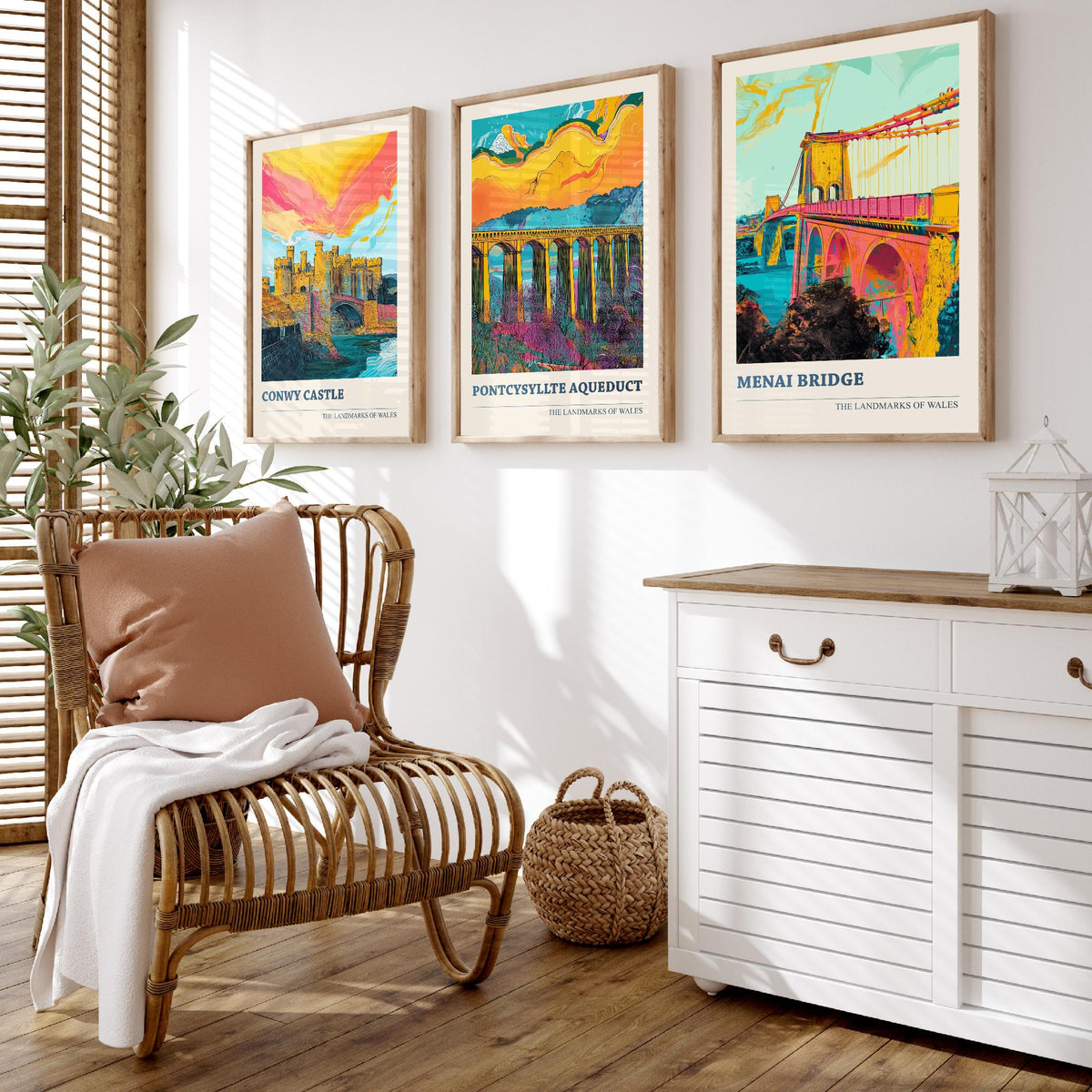 Landmarks of Wales Set of Three Prints - Conwy Castle Pontcysyllte Menai Bridge - 3 Vibrant Welsh Posters Wall Art Gift Illustration