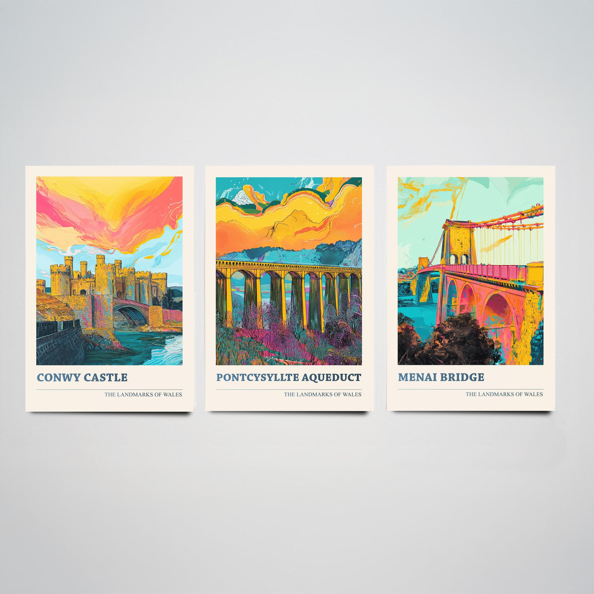 Landmarks of Wales Set of Three Prints - Conwy Castle Pontcysyllte Menai Bridge - 3 Vibrant Welsh Posters Wall Art Gift Illustration