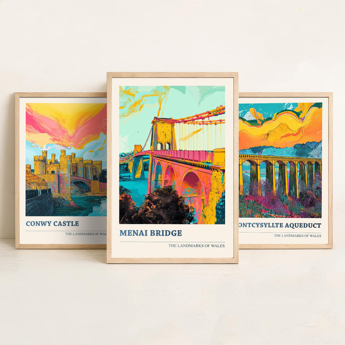 Landmarks of Wales Set of Three Prints - Conwy Castle Pontcysyllte Menai Bridge - 3 Vibrant Welsh Posters Wall Art Gift Illustration