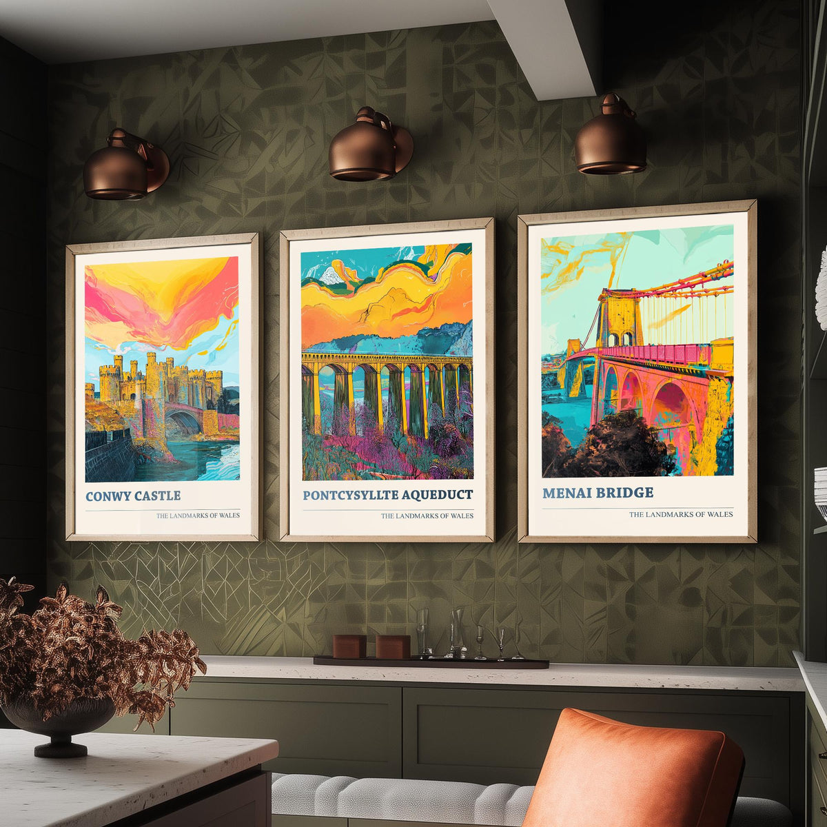 Landmarks of Wales Set of Three Prints - Conwy Castle Pontcysyllte Menai Bridge - 3 Vibrant Welsh Posters Wall Art Gift Illustration