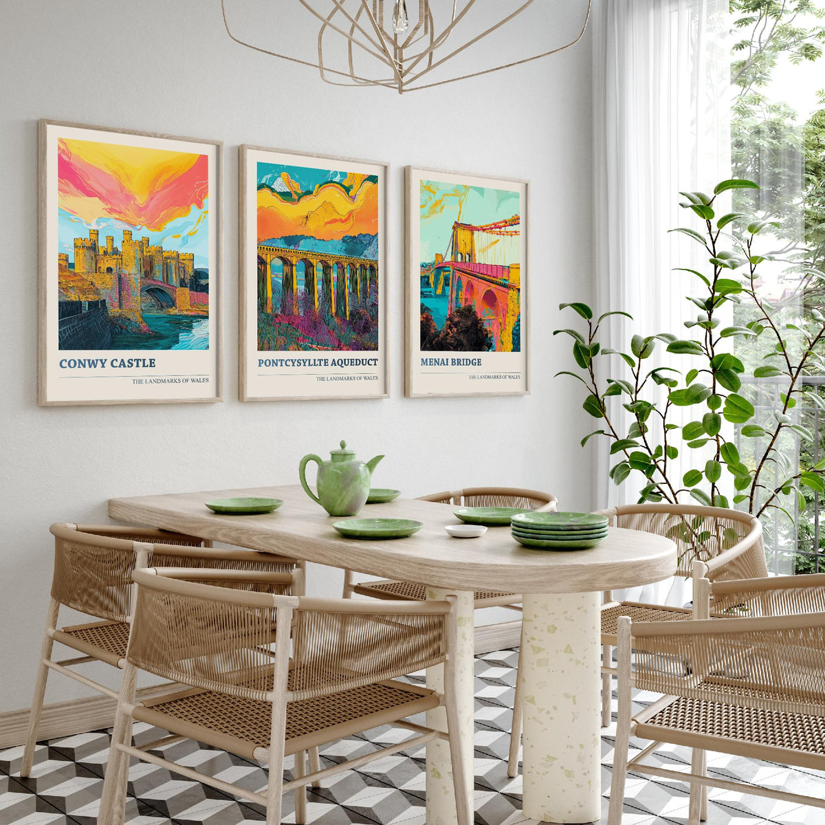 Landmarks of Wales Set of Three Prints - Conwy Castle Pontcysyllte Menai Bridge - 3 Vibrant Welsh Posters Wall Art Gift Illustration