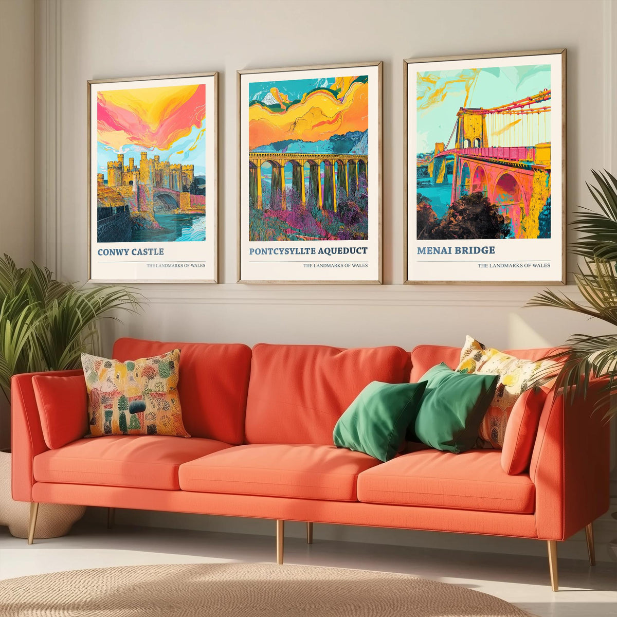 Landmarks of Wales Set of Three Prints - Conwy Castle Pontcysyllte Menai Bridge - 3 Vibrant Welsh Posters Wall Art Gift Illustration