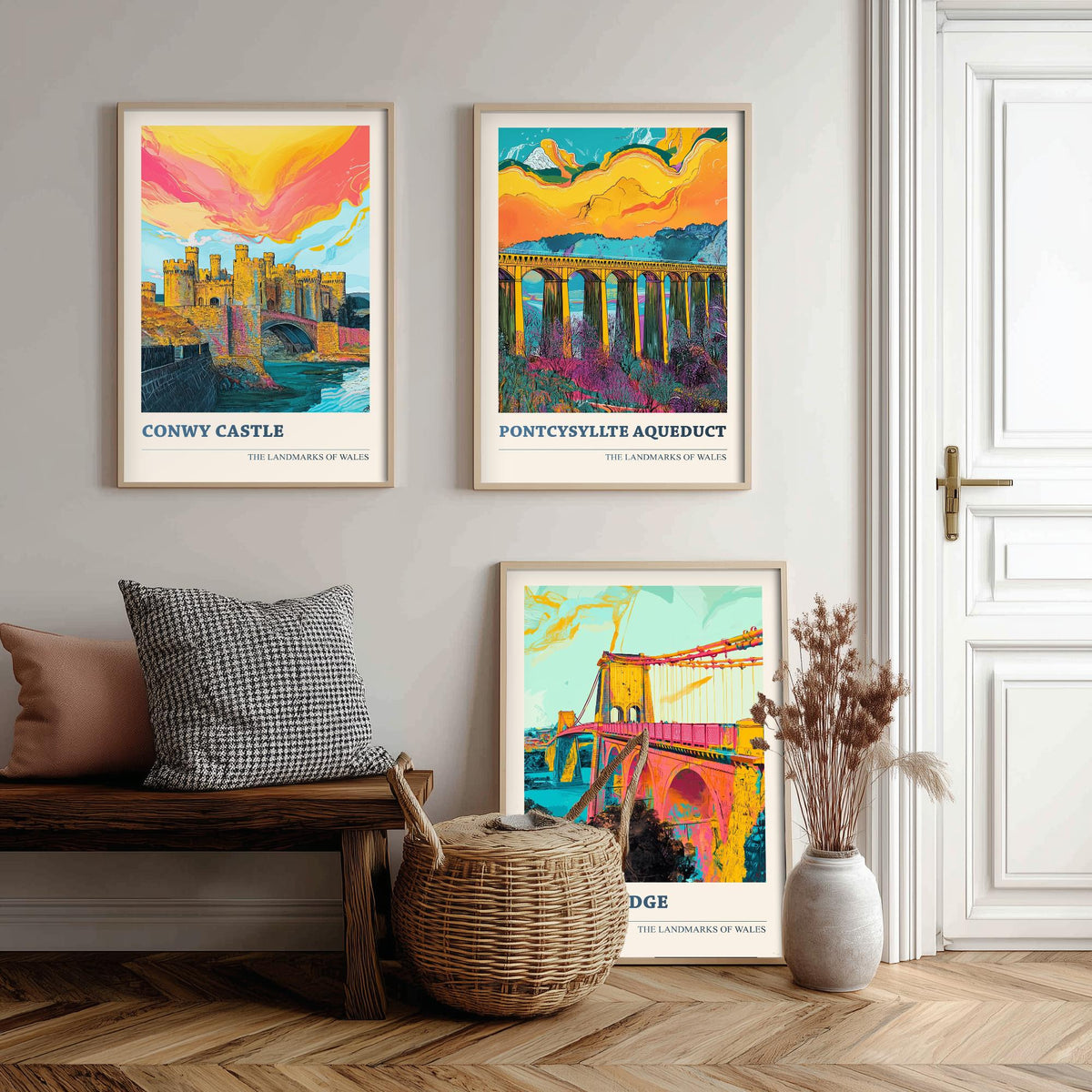 Landmarks of Wales Set of Three Prints - Conwy Castle Pontcysyllte Menai Bridge - 3 Vibrant Welsh Posters Wall Art Gift Illustration